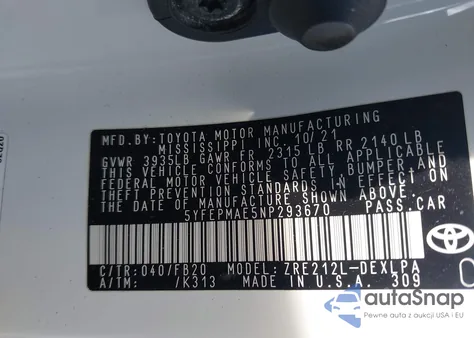 2022 Toyota Corolla Le из США, поврежденный, VIN 5YFEPMAE5NP293670